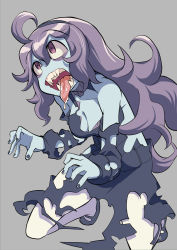 Rule 34 | 1girl, @ @, absurdres, bags under eyes, blue skin, colored skin, creatures (company), dress, drooling, fangs, game freak, hairband, hex maniac (pokemon), highres, kneeling, long hair, messy hair, nintendo, open mouth, outstretched arms, pokemon, pokemon xy, purple eyes, saliva, solo, taraarasabu2222, tongue, torn clothes, undead, very long hair, zombie, zombie pose