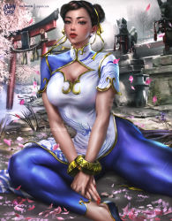 Rule 34 | 1girl, absurdres, bracelet, breasts, brown eyes, brown hair, capcom, china dress, chinese clothes, chun-li, cleavage cutout, clothing cutout, double bun, dress, hair bun, hair ribbon, highres, jewelry, large breasts, leggings, lips, logan cure, outdoors, paid reward available, petals, ribbon, short hair, sitting, solo, street fighter, street fighter 6, torii