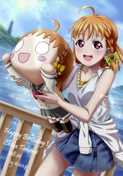 Rule 34 | 1girl, :d, ahoge, artist name, birthday, braid, character doll, commentary request, dated, doll, english text, happy birthday, highres, holding, holding doll, looking at viewer, love live!, love live! sunshine!!, miniskirt, nesoberi, ocean, open mouth, orange hair, red eyes, short hair, side braid, skirt, sleeveless, smile, solo, takami chika, xiaoxin041590