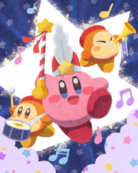 Rule 34 | :d, beamed eighth notes, beamed sixteenth notes, blue eyes, blush, blush stickers, brown eyes, closed eyes, commentary request, drum, drumsticks, eighth note, hat, highres, holding, holding drumsticks, holding instrument, horn (instrument), instrument, kirby, kirby (series), looking at viewer, marching band, marching band baton, miclot, music, musical note, nintendo, no humans, open mouth, playing instrument, quarter note, red headwear, shako cap, smile, star (symbol), tassel, waddle dee
