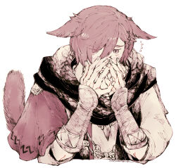 Rule 34 | 1boy, animal ears, black scarf, blush, cat boy, cat ears, cat tail, commentary, covered mouth, covering own mouth, cropped torso, dated, ears down, elbow gloves, embarrassed, eyes visible through hair, facial mark, final fantasy, final fantasy xiv, fingerless gloves, flying sweatdrops, g&#039;raha tia, gloves, hair ornament, hands up, itowo (itowc), looking at viewer, male focus, miqo&#039;te, monochrome, red eyes, red hair, scarf, shirt, short hair, signature, simple background, slit pupils, solo, swept bangs, tail, tail raised, upper body, white background, white shirt, x hair ornament