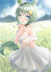 Rule 34 | 1girl, absurdres, alternate costume, animal ears, bare shoulders, blue eyes, blue sky, blush, breasts, cleavage, dress, ear covers, green hair, hair between eyes, hair ornament, hairclip, hand on own chest, highres, horse ears, horse girl, horse tail, jewelry, looking at viewer, medium breasts, off-shoulder dress, off shoulder, outdoors, ring, seiun sky (umamusume), short hair, single ear cover, sky, smile, solo, tail, tears, tsuyusora, umamusume, wedding ring, white dress