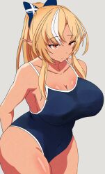 Rule 34 | 1girl, absurdres, blonde hair, bow, breasts, cleavage, dark-skinned female, dark skin, elf, hair bow, highres, hololive, large breasts, long hair, multicolored hair, one-piece swimsuit, orange eyes, pointy ears, ponytail, shiny skin, shiranui flare, solo, standing, sweat, swimsuit, thick thighs, thighs, virtual youtuber, white hair, wide hips, yuzu vt