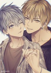 Rule 34 | 2boys, black shirt, blonde hair, blue eyes, blue hair, blurry, cheek-to-cheek, closed mouth, collarbone, commentary request, depth of field, earrings, fingernails, grey background, grey shirt, hair between eyes, hand up, heads together, highres, holding hands, interlocked fingers, jewelry, kise ryouta, kuroko no basuke, kuroko tetsuya, leaf print, looking at another, looking at viewer, male focus, mashima shima, multiple boys, one eye closed, open clothes, open shirt, parted lips, print shirt, shirt, short hair, simple background, smile, twitter username, upper body, yaoi, yellow eyes