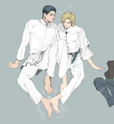 Rule 34 | 2boys, barefoot, black hair, blonde hair, boots, closed eyes, couple, dion lesage, final fantasy, final fantasy xvi, frilled shirt, frilled sleeves, frills, full body, grey background, heart, long sleeves, looking at another, male focus, medium hair, multiple boys, pants, parted lips, puffy long sleeves, puffy sleeves, shirt, shoes, short hair, smile, syamojako, terrence (ff16), unworn shoes, white pants, white shirt, yaoi