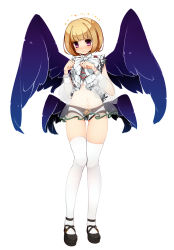 Rule 34 | 1boy, bad id, bad nicoseiga id, beatmania, beatmania iidx, black footwear, blonde hair, blush, halo, highres, kinakomoti, looking at viewer, male focus, mars symbol, mary janes, midriff, multiple wings, navel, purple eyes, rche (beatmania), shoes, short hair, shorts, simple background, smile, solo, star (symbol), thigh gap, thighhighs, trap, white background, white thighhighs, wings