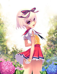 Rule 34 | 1boy, arms behind back, blue eyes, flat chest, flower, gloves, hair ribbon, highres, kamdia, looking back, male focus, nell (pangya), pangya, pink hair, pleated skirt, ribbon, sailor collar, short hair, skirt, smile, solo, trap, white hair