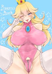 Rule 34 | 1girl, blonde hair, blue background, blue eyes, blush, breasts, breasts apart, brooch, character name, collarbone, covered collarbone, covered erect nipples, crown, dot nose, elbow gloves, eyelashes, frilled gloves, frilled leotard, frilled thighhighs, frills, gloves, groin, head tilt, heart, heart-shaped pupils, highres, jewelry, large breasts, leotard, long hair, looking at viewer, mario (series), nintendo, one eye closed, open mouth, partially visible vulva, pink leotard, princess peach, saliva, sleeveless, smile, solo, spread legs, star (symbol), starry background, super mario bros. 1, symbol-shaped pupils, taut clothes, taut leotard, thighhighs, tongue, tongue out, v, washiwa, white gloves, white thighhighs, zipper, zipper pull tab