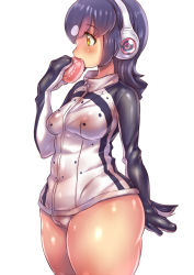 Rule 34 | 10s, 1girl, arm behind back, black hair, blush, breasts, cameltoe, cowboy shot, eating, food, from side, hair between eyes, headphones, hoihoi, holding, holding food, humboldt penguin (kemono friends), japari bun, kemono friends, looking to the side, medium breasts, profile, shiny skin, simple background, solo, thick thighs, thighs, white background