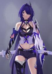 Rule 34 | 1girl, absurdres, acheron (honkai: star rail), bandaged arm, bandaged leg, bandages, belt, black belt, black choker, black gloves, black shorts, breasts, choker, cleavage, commentary, cowboy shot, criss-cross halter, crop top, gloves, grey background, groin, hair ornament, hair over one eye, halterneck, highres, honkai: star rail, honkai (series), leg tattoo, long hair, looking at viewer, medium breasts, midriff, moxiaofeng, navel, parted lips, purple eyes, purple hair, short shorts, shorts, single bare shoulder, smile, solo, standing, stomach, tattoo, thighs, very long hair