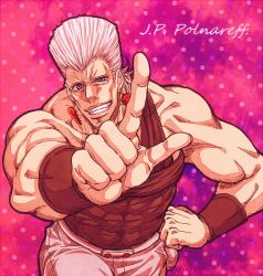 Rule 34 | 1boy, blue eyes, character name, demon (02030108), earrings, flattop, grey hair, jean pierre polnareff, jewelry, jojo no kimyou na bouken, looking at viewer, male focus, open mouth, smile, solo, text focus