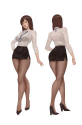 Rule 34 | 1girl, absurdres, black bra, black footwear, black skirt, bra, bra visible through clothes, brown eyes, brown hair, brown pantyhose, collared shirt, commentary, crossed legs, english commentary, from behind, full body, hand on own hip, high heels, highres, id card, long hair, long sleeves, looking at viewer, medium hair, miniskirt, multiple views, original, pantyhose, parted bangs, parted lips, pencil skirt, pumps, red lips, see-through, see-through shirt, sherylnome, shirt, shirt tucked in, simple background, skirt, standing, thighs, turnaround, underwear, watson cross, white background, white shirt, white sleeves