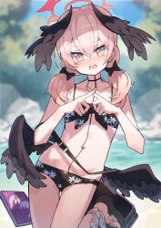 Rule 34 | 1girl, absurdres, ankle ribbon, bikini, black bag, black bikini, black bow, black wings, blue archive, blurry, blurry background, blush, book, bow, breasts, collarbone, commentary, double-parted bangs, feathered wings, floral print, foot up, front-tie bikini top, front-tie top, groin, hair between eyes, hair bow, halo, head wings, highres, katsu (katsupainter), koharu (blue archive), koharu (swimsuit) (blue archive), leg ribbon, long hair, looking at viewer, low twintails, low wings, navel, official alternate costume, open mouth, outdoors, pink eyes, pink hair, pink halo, pornography, print bikini, ribbon, sandals, small breasts, solo, spaghetti strap, standing, standing on one leg, swimsuit, twintails, wavy mouth, wings, x fingers