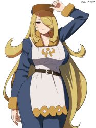Rule 34 | 1girl, alternate costume, apron, arm up, belt, blonde hair, blue hat, blue jumpsuit, breasts, commentary request, cosplay, cowboy shot, creatures (company), curvy, cynthia (pokemon), flat cap, game freak, ginkgo guild uniform, grey eyes, hair over one eye, half-closed eye, hat, hat tip, highres, jumpsuit, large breasts, long hair, long sleeves, looking at viewer, nintendo, pokemon, pokemon dppt, pokemon legends: arceus, simple background, smile, solo, very long hair, volo (pokemon), volo (pokemon) (cosplay), white background, wide hips, yamamori kinako