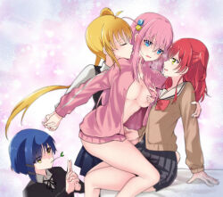 Rule 34 | 4girls, ahoge, bed, blonde hair, blue eyes, blue hair, bocchi the rock!, bottomless, grabbing another&#039;s breast, breasts, closed eyes, cube hair ornament, female focus, fff threesome, gotoh hitori, grabbing, group sex, hair ornament, holding hands, ijichi nijika, imminent fingering, imminent kiss, interlocked fingers, jacket, kanchou, kita ikuyo, large breasts, light blush, long hair, looking at another, medium hair, mouth hold, multiple girls, no bra, open clothes, open jacket, pink hair, pink jacket, ponytail, red hair, school uniform, simple background, sitting, skirt, smile, sparkle background, stalk in mouth, tears, threesome, track jacket, very long hair, yamada ryo, yellow eyes, yuetan (ssvs73608), yuri