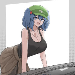 Rule 34 | 1girl, :d, black tank top, blue eyes, blue hair, breasts, brown skirt, cleavage, commentary, english commentary, flat cap, green hat, hair bobbles, hair ornament, hat, highres, kawashiro nitori, large breasts, leaning forward, looking at viewer, mata (matasoup), open mouth, skirt, smile, solo, stain, sweat, tank top, touhou, two side up, white background