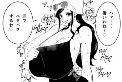 Rule 34 | 1girl, amr 19 19, breasts, cleavage, clothes pull, dress pull, female focus, gigantic breasts, hat, long hair, looking at viewer, monochrome, motion lines, nico robin, nico robin (dressrosa), one piece, smile, solo, speech bubble, steaming body, sunglasses, sweat, sweatdrop, translation request, upper body