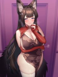Rule 34 | 1girl, amagi (azur lane), animal ear fluff, animal ears, arm under breasts, azur lane, batsu, blunt bangs, blurry, blurry background, breasts, bridal gauntlets, brown hair, china dress, chinese clothes, cleavage, closed mouth, commission, covered erect nipples, depth of field, dress, elbow gloves, fox ears, gloves, heavy breathing, highres, huge breasts, long hair, no panties, partially fingerless gloves, pelvic curtain, purple eyes, red gloves, second-party source, skeb commission, skindentation, smile, solo, standing, thighhighs, very long hair, white thighhighs