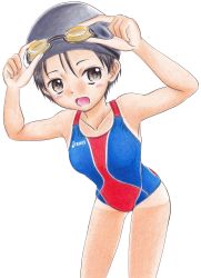 Rule 34 | 1girl, armpits, asics, black hair, black headwear, blue one-piece swimsuit, blush, bob cut, breasts, brown eyes, collarbone, competition swimsuit, goggles, goggles on head, hair between eyes, hidaka medaka, highres, leaning forward, looking at viewer, medium breasts, one-piece swimsuit, one-piece tan, open mouth, original, short hair, simple background, smile, solo, standing, swim cap, swimsuit, tan, tanline, thighs, white background