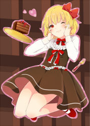 Rule 34 | 1girl, blonde hair, cake, cake slice, chocolate, chocolate cake, dripping, food, fork, hair ribbon, hands on own cheeks, hands on own face, heart, mary janes, one eye closed, red eyes, ribbon, rumia, shoes, short hair, skirt, smile, socks, solo, touhou, witoi (roa)