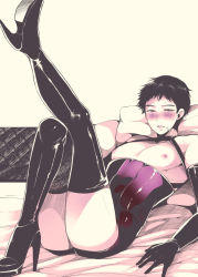 Rule 34 | 10s, 1boy, all out!!, bandages, black footwear, black gloves, black hair, blush, boots, corset, crossdressing, elbow gloves, funkasiahq, gloves, high heel boots, high heels, looking at viewer, lying, male focus, miyuki atsushi, muscular, nipples, smile, solo, steam, tagme, thigh boots, thighhighs