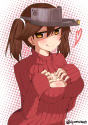 Rule 34 | 10s, 1girl, :q, alternate breast size, ayumu (ayumu3659), bad id, bad pixiv id, breast suppress, breasts, cleavage, hands on own chest, kantai collection, large breasts, long hair, meme attire, open-chest sweater, ribbed sweater, ryuujou (kancolle), simple background, sleeves past wrists, smirk, solo, sweater, tongue, tongue out, twintails, visor cap