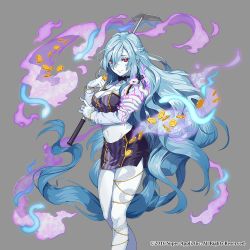 Rule 34 | 1girl, black bow, blue hair, bow, braid, breasts, cleavage, coin, company name, crown braid, grey background, hoe, large breasts, long hair, looking at viewer, midriff, navel, official art, pale skin, red eyes, rival arena vs, smile, snake, solo, standing, tattoo, very long hair, yuzu shio