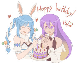 Rule 34 | 2girls, :d, aura (aurapls), bare shoulders, birthday cake, blue hair, braid, cake, closed eyes, commentary, dated, don-chan (usada pekora), english commentary, english text, feeding, food, food-themed hair ornament, fork, gradient hair, hair ornament, happy birthday, heart, highres, holding, holding fork, hololive, hololive indonesia, long hair, moona hoshinova, multicolored hair, multiple girls, open mouth, puffy short sleeves, puffy sleeves, purple hair, short sleeves, simple background, smile, twin braids, usada pekora, usada pekora (1st costume), virtual youtuber, white background