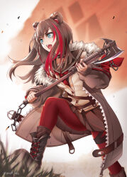Rule 34 | 1girl, animal ears, arknights, axe, bear ears, black collar, black footwear, black sailor collar, blue eyes, blurry, blurry background, boots, brown hair, brown jacket, brown shirt, brown skirt, cardigan, chain, collar, commentary request, cross-laced footwear, depth of field, fur-trimmed jacket, fur trim, highres, holding, holding axe, jacket, lace-up boots, long hair, long sleeves, looking away, multicolored hair, nail polish, off shoulder, open clothes, open jacket, open mouth, pantyhose, pink nails, pleated skirt, puffy long sleeves, puffy sleeves, red hair, red pantyhose, sailor collar, school uniform, serafuku, shirt, skirt, sleeves past wrists, solo, streaked hair, teeth, upper teeth only, white cardigan, yokaze (yokajie), zima (arknights)
