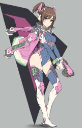 Rule 34 | 1girl, alternate hairstyle, animal print, blush, bodysuit, boots, bracelet, breasts, brown hair, character name, closed mouth, clothes writing, covered navel, d.va (overwatch), eyebrows, facepaint, facial mark, fighting stance, full body, gloves, grey background, gun, headgear, highres, holding, holding gun, holding weapon, jacket, jacket on shoulders, jacket over shoulder, unworn jacket, jewelry, knee pads, leotard, long sleeves, looking at viewer, medium breasts, open clothes, open jacket, overwatch, overwatch 1, pink jacket, ponytail, rabbit print, serious, short hair, simple background, solo, standing, thigh boots, thighhighs, thighs, tonee, weapon, whisker markings, white footwear, white gloves, white thighhighs, yellow eyes