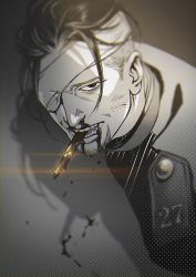 Rule 34 | 1boy, black eyes, black hair, blood, blood from mouth, bullet, collared jacket, eyepatch, facial hair, facial scar, golden kamuy, hair slicked back, hair strand, highres, imperial japanese army, jacket, male focus, military, military uniform, nosebleed, ogata hyakunosuke, scar, scar on cheek, scar on face, shadow, short hair, simple background, solo, spot color, stubble, undercut, uniform, w55674570w