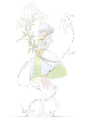 Rule 34 | 1girl, absurdres, bow, brooch, closed mouth, colored eyelashes, dress, fantasy, flower, full body, green bow, green dress, green eyes, hair intakes, high heels, highres, holding, holding flower, jewelry, kneehighs, lace, lace-trimmed legwear, lace trim, lily (flower), looking at viewer, medium hair, off-shoulder dress, off shoulder, original, pwd, socks, solo, standing, standing on one leg, two-tone dress, walking, water, white background, white dress, white footwear, white hair, white lily, white socks, yellow bow