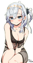 Rule 34 | 1girl, bikini, bikini skirt, black bikini, breasts, cleavage, clothes writing, collarbone, commentary request, cowboy shot, green eyes, hachimaki, headband, highres, kantai collection, laco soregashi, long hair, looking at viewer, medium breasts, one-hour drawing challenge, one side up, see-through, see-through skirt, silver hair, simple background, skirt, smile, solo, suzutsuki (kancolle), swimsuit, white background, white headband