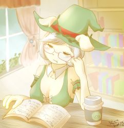 Rule 34 | 1girl, apple amee, dog, female focus, furry, furry female, glasses, grey hair, hat, highres, short hair, solo, witch hat