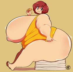 Rule 34 | 1girl, april o&#039;neil, ass, black eyes, breasts, breasts out, brown hair, fat, food, full body, gigantic breasts, highres, nipples, pizza, short hair, sitting, smile, solo, thick thighs, thighs