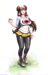 Rule 34 | 10s, 1girl, black pantyhose, blue eyes, breasts, brown hair, covered erect nipples, creatures (company), double bun, female focus, full body, game freak, hair bun, highres, holding, holding poke ball, large breasts, long hair, looking at viewer, nintendo, pantyhose, paulo barrios, poke ball, pokemon, pokemon bw2, rosa (pokemon), shoes, sidelocks, smile, sneakers, socks over pantyhose, solo, text focus, thighs, twintails, visor cap, watch, wristwatch