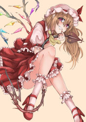 Rule 34 | 1girl, absurdres, ascot, bare legs, blonde hair, brown background, collared shirt, flandre scarlet, frilled skirt, frilled sleeves, frilled socks, frilled vest, frills, full body, hair between eyes, hat, hat ribbon, highres, holding, holding polearm, holding weapon, laevatein (touhou), long hair, looking at viewer, mary janes, mob cap, multicolored wings, nail polish, omigawa namari, one side up, open mouth, polearm, puffy short sleeves, puffy sleeves, purple eyes, red footwear, red nails, red ribbon, red skirt, red vest, ribbon, ribbon-trimmed headwear, ribbon trim, shirt, shoes, short sleeves, simple background, skirt, skirt set, smile, socks, solo, teeth, thighs, touhou, vest, weapon, white hat, white shirt, white socks, wings, yellow ascot