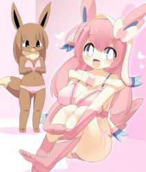 Rule 34 | 2girls, :d, animal ears, barefoot, blue eyes, blush, bow, bowtie, bra, breast envy, breasts, cleavage, commentary request, creatures (company), dark skin, eevee, fang, full body, furrification, furry, game freak, gen 1 pokemon, gen 6 pokemon, gloves, highres, large breasts, lets0020, long hair, looking at viewer, medium bangs, multiple girls, nintendo, no shoes, open mouth, panties, personification, pink bra, pink gloves, pink hair, pink panties, pink socks, pokemon, sitting, skin fang, small breasts, smile, socks, standing, sylveon, tail, underwear, very long hair, white bow, white bowtie