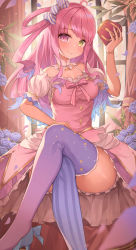 Rule 34 | bloomers, blush, breasts, commentary request, crossed legs, crown, flower, hair rings, heterochromia, high heels, highres, himemori luna, himemori luna (1st costume), holding, holding crown, hololive, kinakomochi (kinako0312), long hair, looking at viewer, medium breasts, pink bloomers, pink hair, pumps, sitting, smile, solo, striped clothes, striped thighhighs, thighhighs, underwear, unworn crown, vertical-striped clothes, vertical-striped thighhighs, virtual youtuber, window
