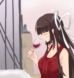 Rule 34 | 10s, 1girl, alcohol, alternate costume, bad id, bad pixiv id, breasts, brown hair, cleavage, closed eyes, cup, dress, drinking glass, gradient background, hair ribbon, hiyou (kancolle), kakiha makoto, kantai collection, large breasts, long hair, red dress, ribbon, solo, very long hair, wine, wine glass