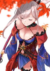 Rule 34 | 1girl, absurdres, bare shoulders, blue kimono, breasts, cleavage, closed eyes, closed mouth, detached sleeves, fate/grand order, fate (series), hair ornament, highres, japanese clothes, katana, kimono, large breasts, leaf, long hair, long sleeves, magatama, maple leaf, miyamoto musashi (fate), navel, nigori (keydoor), obi, off shoulder, pink hair, ponytail, sash, sheath, short kimono, smile, solo, swept bangs, sword, thighhighs, thighs, weapon, wide sleeves