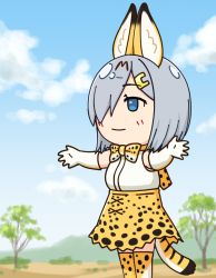 Rule 34 | 1girl, animal ears, blue eyes, blue sky, bow, bowtie, cloud, day, elbow gloves, gloves, hair ornament, hair over one eye, hairclip, hama! (3toshinhmkz), hamakaze (kancolle), high-waist skirt, kantai collection, kemono friends, outdoors, outstretched arms, print bow, print bowtie, print gloves, print neckwear, print skirt, serval (kemono friends), serval print, serval tail, short hair, silver hair, skirt, sky, sleeveless, smile, solo, standing, striped tail, tail, thighhighs, traditional bowtie, tree