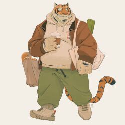 Rule 34 | 1boy, absurdres, animal ears, bag, bread, commission, cup, food, full body, furry, furry male, glasses, highres, holding, holding cup, jacket, looking to the side, male focus, open clothes, open jacket, orange fur, original, robottoast, shopping bag, simple background, smile, solo, striped fur, tail, tiger boy, tiger ears, tiger stripes, tiger tail, walking, yellow background
