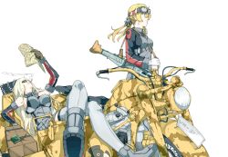 Rule 34 | 10s, 2girls, arm up, bad id, bad nicoseiga id, between breasts, bismarck (kancolle), blonde hair, breasts, cigarette, crossed legs, detached sleeves, gloves, goggles, goggles on head, grey legwear, gun, kantai collection, looking to the side, low twintails, machine gun, map, medium breasts, mg42, motor vehicle, motorcycle, multiple girls, ninimo nimo, no headwear, prinz eugen (kancolle), sitting, sunglasses, thighhighs, twintails, vehicle, weapon, white background, white gloves