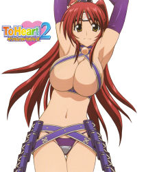 Rule 34 | 1girl, armor, armpits, arms up, bikini armor, breasts, bursting breasts, cleavage, criss-cross halter, elbow gloves, gloves, halterneck, highres, kousaka tamaki, large breasts, long hair, looking at viewer, navel, panties, purple gloves, purple panties, red hair, revealing clothes, simple background, smile, solo, standing, third-party edit, to heart (series), to heart 2, two side up, underbust, underwear, white background, yellow eyes
