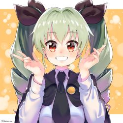 Rule 34 | 10s, 1girl, anchovy (girls und panzer), bad id, bad twitter id, bow, cape, drill hair, girls und panzer, green hair, grin, hair bow, kerorira, long hair, necktie, red eyes, school uniform, smile, solo, twin drills, twitter username, v