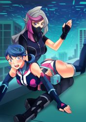 Rule 34 | 2girls, absurdres, amania orz, ass, belt, blue girl, blue hair, breasts, earrings, elbow gloves, emma bessho, facial tattoo, fingerless gloves, ghost girl (yu-gi-oh! vrains), gloves, grey hair, highres, jewelry, large breasts, long hair, mask, multicolored hair, multiple girls, open mouth, purple eyes, purple hair, shirt, sleeveless, spanked, spanking, tattoo, tears, thighhighs, yu-gi-oh!, yuu-gi-ou, yuu-gi-ou vrains, zaizen aoi