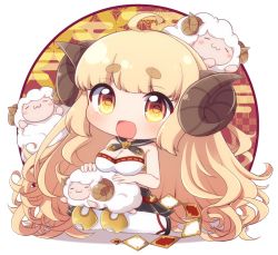 Rule 34 | 1girl, :d, ahoge, anila (granblue fantasy), animal, bare arms, bare shoulders, black footwear, black sailor collar, black skirt, blonde hair, blush, breasts, chibi, cleavage, commentary request, draph, egasumi, full body, granblue fantasy, horns, large breasts, long hair, looking at viewer, open mouth, pleated skirt, red eyes, rensei, ribbon trim, round image, sailor collar, sandals, shadow, sheep, sheep horns, short eyebrows, sitting, skirt, smile, solo, thick eyebrows, thighhighs, very long hair, wariza, white thighhighs, zouri