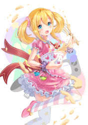 Rule 34 | 1girl, :d, absurdres, apron, asymmetrical legwear, balloon, blonde hair, blue eyes, blush, bowl, breasts, commentary, english commentary, flask, frilled apron, frills, hand up, head tilt, highres, holding, holding bowl, holmemee, long hair, looking at viewer, mismatched legwear, mixing bowl, open mouth, original, pink apron, pink footwear, pink shirt, pink skirt, plaid, plaid apron, print thighhighs, puffy short sleeves, puffy sleeves, round-bottom flask, shirt, shoes, short sleeves, skirt, small breasts, smile, solo, star (symbol), star print, striped clothes, striped skirt, striped thighhighs, thighhighs, twintails, vertical-striped clothes, vertical-striped skirt, waist apron, whisk, white background, white thighhighs