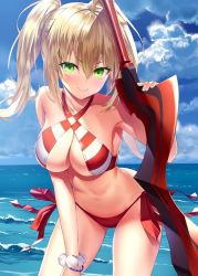 Rule 34 | &gt;:), 10s, ahoge, arched back, bad id, bad twitter id, bare shoulders, beach, bead bracelet, beads, bikini, blonde hair, blue sky, blush, bracelet, breasts, cleavage, cloud, cloudy sky, collarbone, day, fate/extra, fate/grand order, fate (series), green eyes, halterneck, hand on own thigh, heirou, hip focus, holding, holding sword, holding weapon, jewelry, large breasts, leaning forward, long hair, looking at viewer, navel, nero claudius (fate), nero claudius (fate) (all), nero claudius (swimsuit caster) (fate), ocean, outdoors, red bikini, scrunchie, side-tie bikini bottom, side-tie bottom, sideboob, sky, smile, striped bikini, striped clothes, swimsuit, sword, thighs, twintails, v-shaped eyebrows, weapon